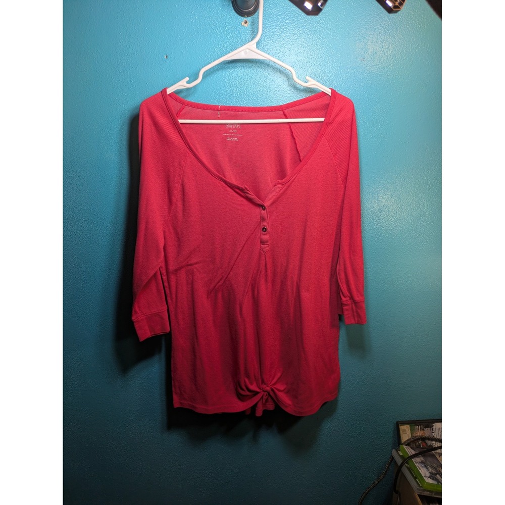 Gilligan & O'Malley Pink Ribbed Henley Sleep Top Front Knot XL Raglan Sleeve
